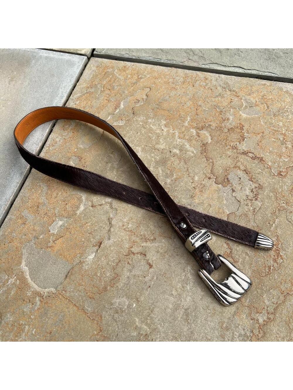 Vintage 90s Dark Brown Hair-On Leather Metal Tip Belt